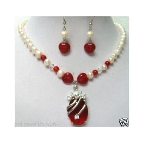 Jewelry Charming! pearl Red jade necklace earring Set watch wholesale Quartz jade CZ crystal