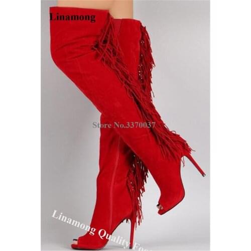 Linamong Charming Peep Toe Suede Leather Over Knee Stiletto Heel Tassels Gladiator Boots Red Black Fringes Long High Heel Boots