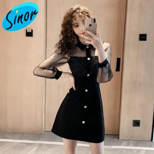 Autumn and Winter Womens 2020 Fashion Skirt Female Sexy Hepburn Style Small Black Dress Temperament Lapel Dress A- line Dress