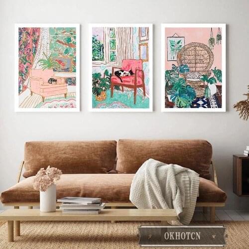 Nordic flower Plants leaf Animal cat sofa Posters Illustration Canvas Painting Wall Art Pictures girls room Interior Home Decor