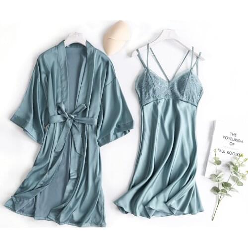 Sexy Satin Twinset Robe Set Summer Lady Strap Kimono Gown Bride Wedding Solid Bathrobe Casual Simple Sleepwear Backless Nightie