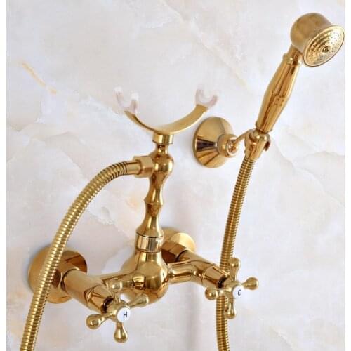 Modern Polished Gold Color Brass Wall Mount Bathtub Faucet with Handheld Shower Set +1.5M Hose Mixer Tap 2na936