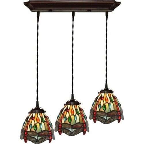 3 Heads Vintage Tiffany Colorful Glass Dragonfly Dining Room Bar Suspension for Foyer Apartment Glass Pendant Light 1103