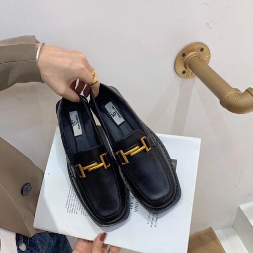 Metal Buckle Comfortable Platform Loafers All-Match Square Toe British Small Leather Womens Shoes