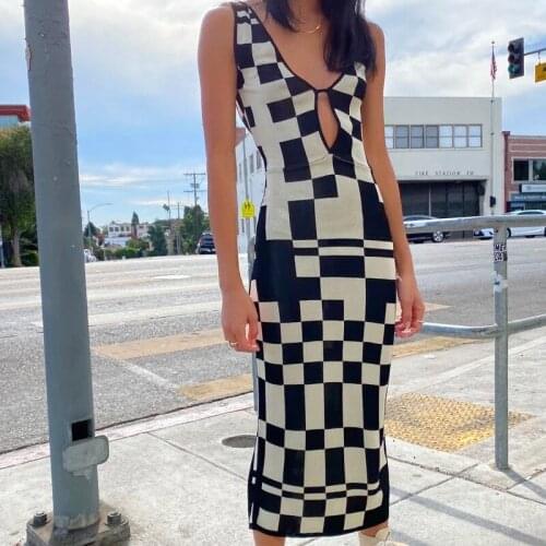 Knitted Dress Women Summer Sexy Bodycon Party Dresses Backless Plaid Print Spaghetti Strap Hollow Out Vestidos Dresses LR1708