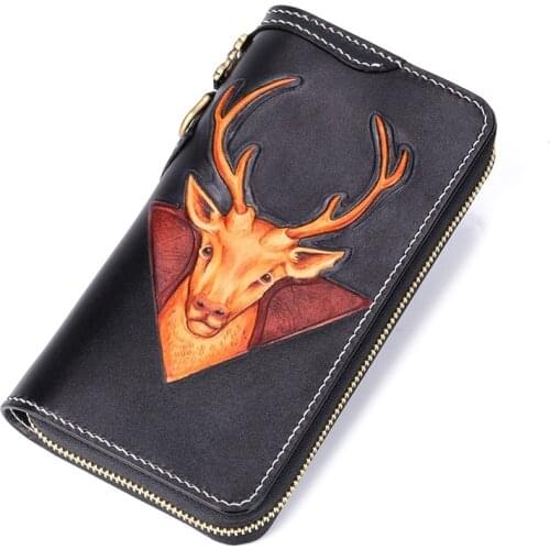 High-grade Handmade Passport Carving Deer Wallets Purses Women Men Long Clutch Vegetable Tanned Leather Wallet Card Holder