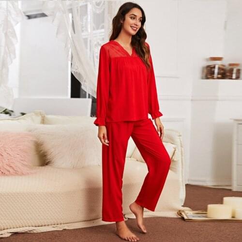 Women Autumn Winter Soft Sleepwear Long Sleeve Casual Nightwear Pyjamas Suit Loose Home Clothes Lace Trim Sleep Set PJs
