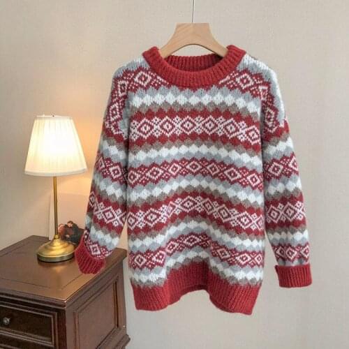 Ladies new knitted jacket retro jacquard pullover sweater women loose round neck long sleeve autumn and winter new 2021