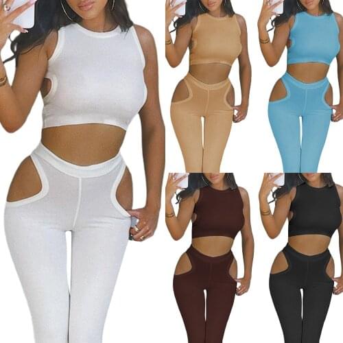 Women Sexy Two-piece Clothes Set, White Solid Color Round Collar Crop Tops And Hollow Out Pants New Fashion 2021