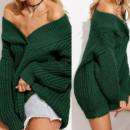 Women Sweater Sexy V Neck Off Shoulder Oversized Long Top Female Fall Winter Soft Warm Wool Casual Loose Jumper