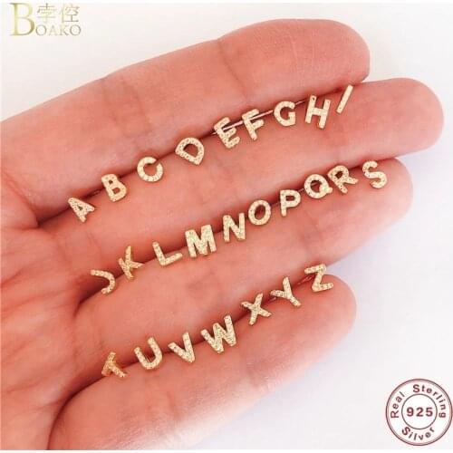 Boako 1 pair of Mini S925 Sterling Silver Geometric English Letters Stud Earrings for Women Alphabet Zircon Studs Gift Jewelry