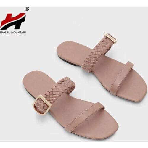 2021 Summer Sandals Women Flat Slippers Solid Color Sandals Outside Slippers Metal Decoration Open Tea Woman Shoes Plus Size 42