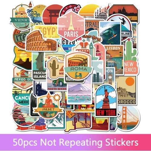 50pcs Travel City Landscape Paris Tower Cartoon Graffiti Sticker DIY Motorcycle Skateboard Notebook Suitcase Waterproof Sticker