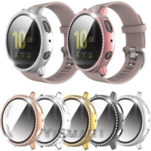 Rhinestone PC Case for Samsung Galaxy Watch Active 2 44mm 40mm Cover with Glass Screen Protector Active2 Bumper Hard Frame
