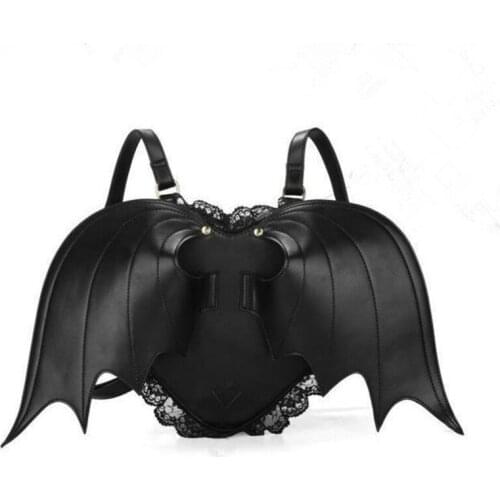 Black Harajuku style Gothic Lolita Heart-shaped Lace Devil Bat wings Backpack Street Vintage Packsack Student School bag Fashion