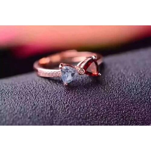 Natural topaz gem ring Natural garnet ring S925 sterling silver ring elegant trendy Double triangle women girl gift Jewelry