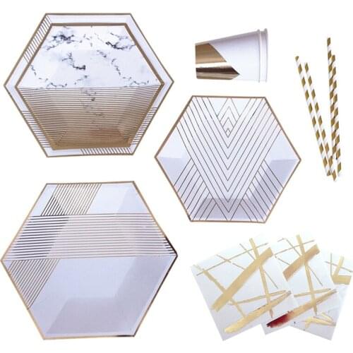 Pretty Peach Gold and Marble 89 Pcs Setting for 8 Deluxe Plates Napkins Cups Birthday Party Supply Wedding Bridal Shower