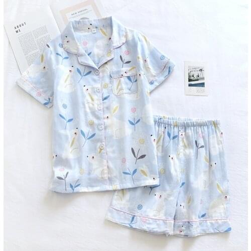 Summer Cotton Short Sleeve Shorts Pajamas Women Cute Cartoon Two-piece Sleepwear Suit Thin Loungewear Lapel Pijamas Housewear