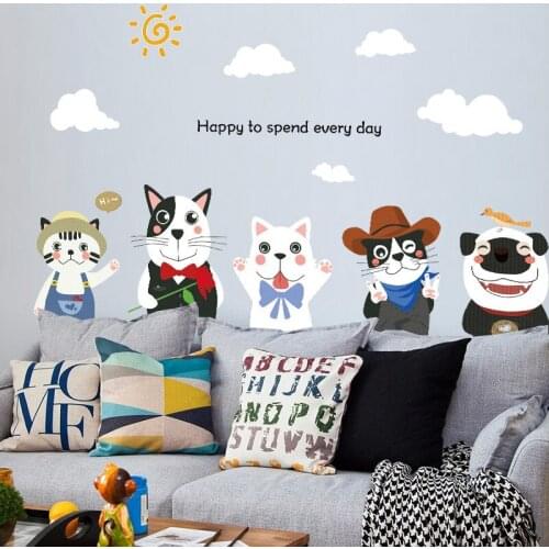 Cute Puppies Dog Wall Stickers Childrens Room Nursery Bedroom Decoration Cartoon Living Room Background Wall Decals