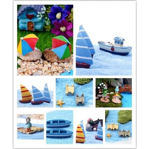 Mini Craft Figurine Plant Blue Boat Bamboo Raft Sailing Pot Garden Ornament Miniature Fairy Garden Decor Resin