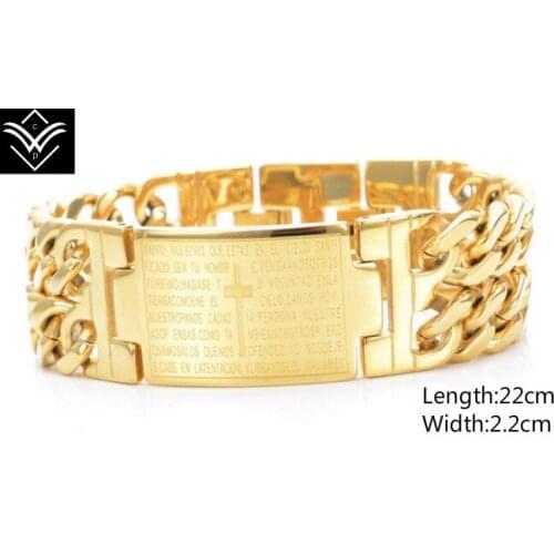 Fashion Spanish Bible Cross Titanium Golden Shining Men Link Bracelet