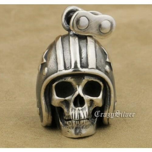 Motorcycle Helmet Skull 925 Sterling Silver Mens Biker Rock Punk Pendant TA19