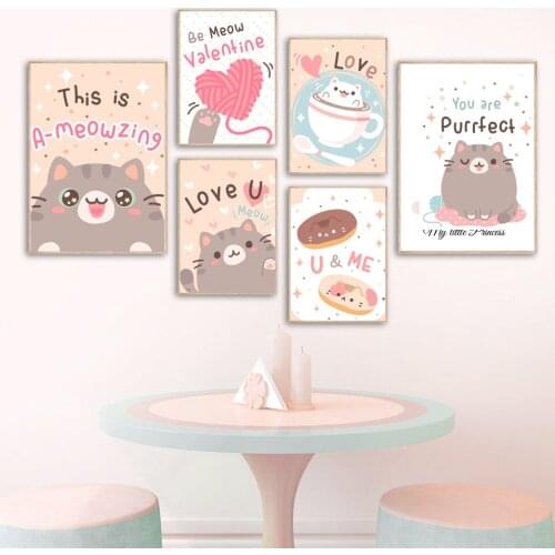 Cartoon Cat Coffee Donut Line Alphabet Baby Wall Art Canvas Painting Nordic Posters And Prints Wall Pictures Kids Room Decor