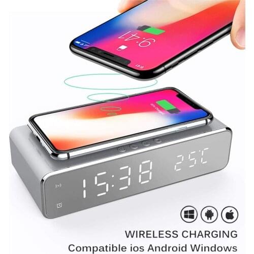 HD Mirror Surface LED Table Clock Time Date Temperature Display Alarm Clock With Wireless Charger For Home Bedroom Office