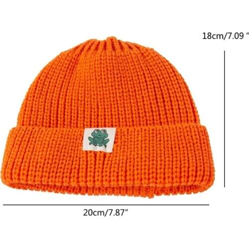 Autumn Winter Solid Color Baby Knitted Hat Warm Soft Casual Hemming Hat Kids Girls Boys Frog Cloth Label Beanies