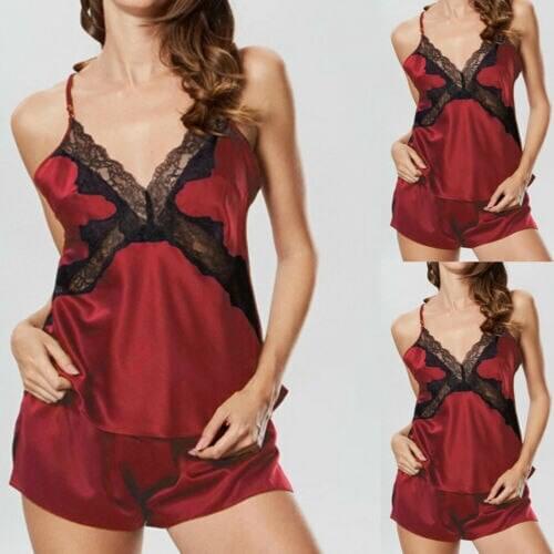 Sexy V Neck Backless Satin Red Pajamas Lace Lingerie Sleepwear Underwear Nightwear Women New