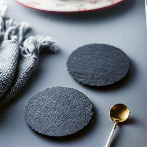 Slate Stone Coasters Serving Plate For Cake Dessert Bar Round Black Natural Edge Stone Drink Coaster Pad Kitchen