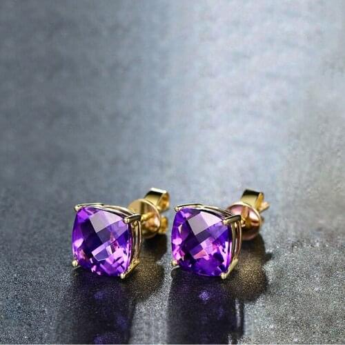 Romantic Gold Plated Purple Crystal Stud Earrings AAA Cubic Zirconia Princess Earrings Bridal Jewelry Cocktail Party Earrings