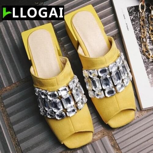 Crystal Peep Toe Rhinestone Slippers Women Thick High Heels Mules Crystal Beading Flip Flops Suede Leather Slides Shoes Woman