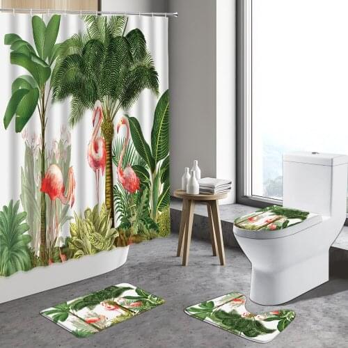 Tropical Jungle Tree Pink Flamingo Cartoon Shower Curtain Palm Leaf Monstera Bathroom Decor WC Bath Mat Set Non-slip Flannel Rug