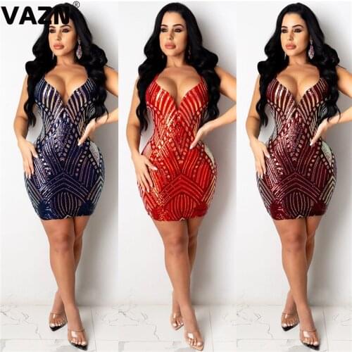 VAZN New 2021 Party Cocktail Short Mini Dress Sequins Glitter Sleeveless Party Print Women Elegant Fashion Dress Slim Dress