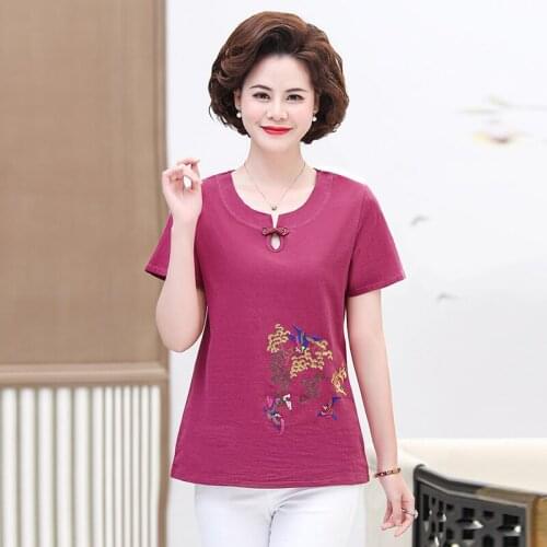 Women T-shirt New 2021 Summer Short Sleeve Embroidered Women Tops And Shirt Fashion Casual Middle-aged Mother Clothing 5XL