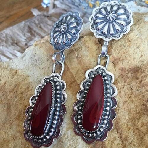Vintage Large Red Stone Drop Earrings For Women Carved Pattern Silver Color Earrings For Women Birthday Party Jewelry F3J671