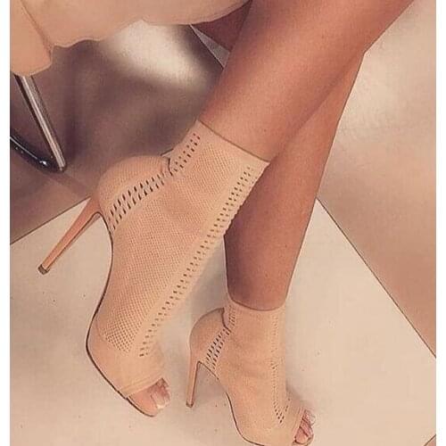 2018 Newest Cut Out Women Peep Toe Ankle Boots Stretch Knit Ladies High Heel Boots Slip On Female Short Boots Fashion Party Shoe