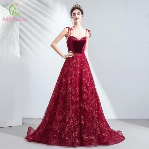 SSYFashion New Bride Banquet Elegant Evening Dress Sweetheart Burgundy Sequins Shining Long Prom Formal Gowns Vestido De Noche