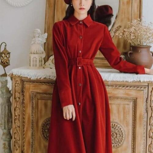 2021 Women Spring Autumn Retro Large Size Corduroy Dress Female Single-breasted A-line Dresses Ladies Solid Loose Vestidos T450