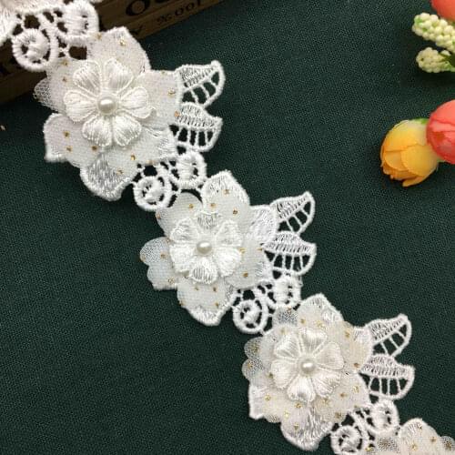 1 yard White Pearl 3D Flower Embroidered Lace Trim Applique Fabric Lace Ribbon DIY Sewing Craft For Costume Hat Decoration