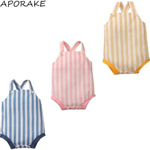 2021 0-18M Summer Baby Girl Boy Playsuit Light Color Striped Print Square Collar Backless Sleeveless Romper Jumpsuit Outfit