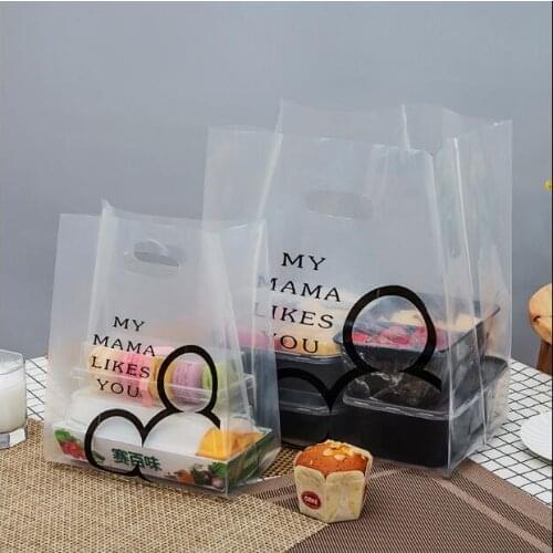 50pcs/pack Clear Food Packing Bag Coffee Shop Plastic Bag With Handle Baking Take Away Packaging Bags