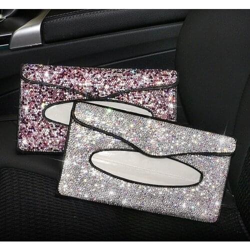 Car Sun Visor Tissue Holder Napkin Box Car Tissues Holder Bling Crystal Rhinestones Paper Towel Cover Case for Women