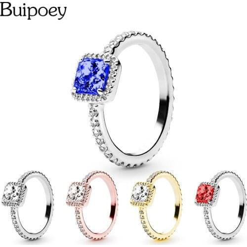 Buipoey Shiny Square Zircon Rings For Women Men Original Blue Crystal Silver-Plated Ring Wedding Engagement Ring Jewelry Gift