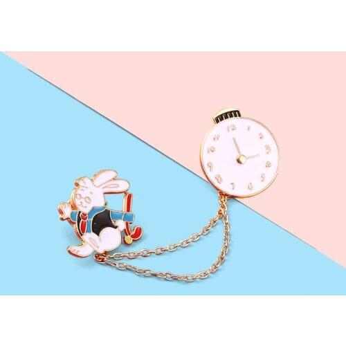 Cartoon Cute Animals Rabbit Enamel Brooch Clock Chain Detachable Pendant Alloy Pins Badge Fashion Woman Jewelry Gift For Friends