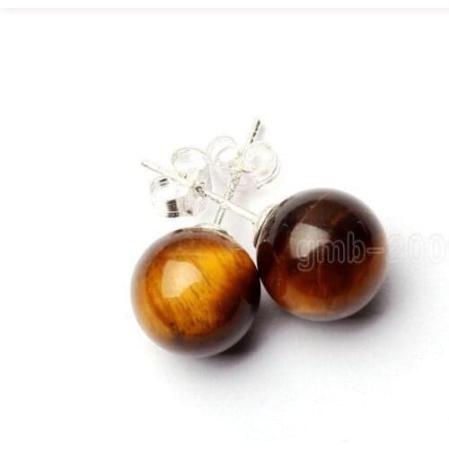 Hot Sell Fashion New 10mm Natural Yelow Tiger Eye Stone 925 Sterling Silver Earrings