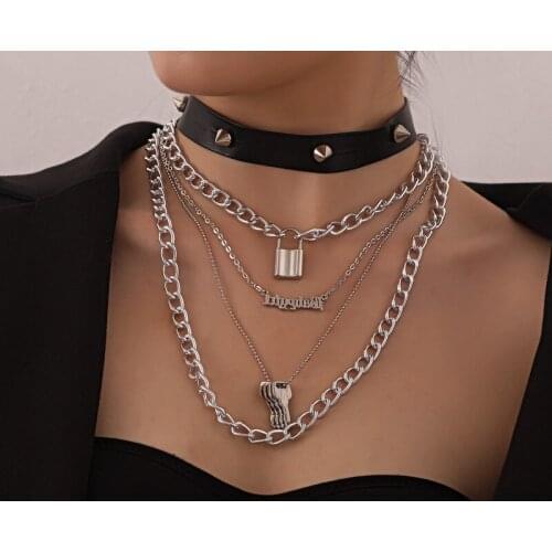 Punk PU Rivet Letters Lock Keys Pendant Necklace for Women Multilayer Thick Chains Geometric Clavicle Necklace Party Jewelry