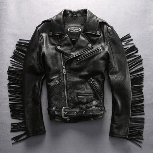 New Top Motorcycle Biker 2020 Genuine Leather Vintage Jacket Mens Cowskin Tassel Short Slim Fit Black Coat free