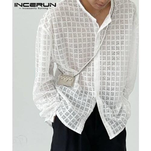 Men Shirt Plaid Long Sleeve Sexy Mesh See Through Party Thin Men Clothing 2021 Button Streetwear Korean Camisas S-5XL INCERUN